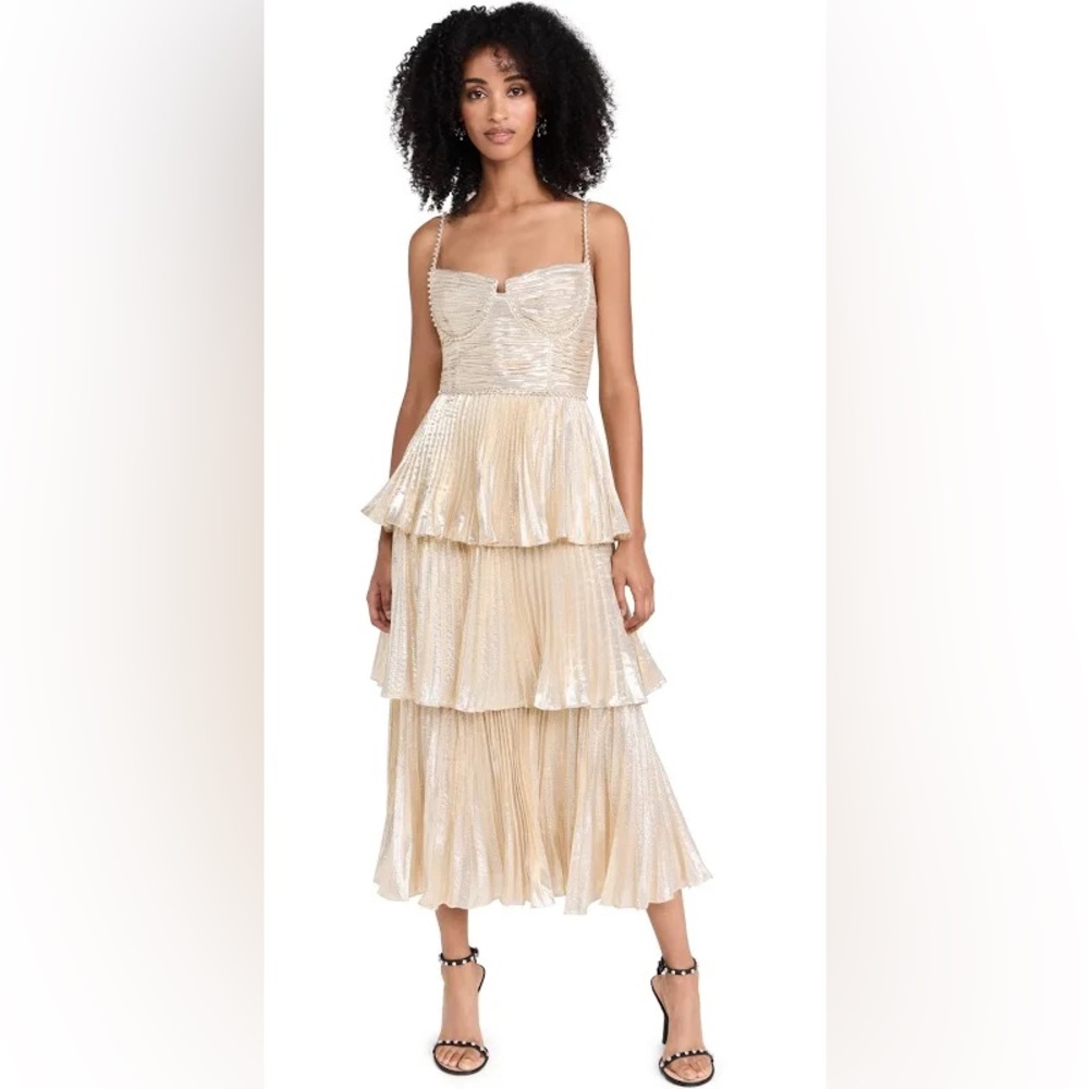 Size 4 Self-Portrait Women's Gold Metallic Tiered Midi Dress